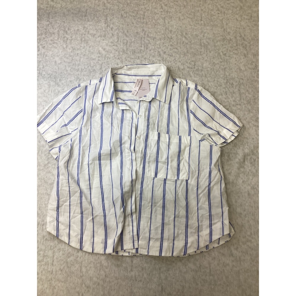 Auden Womens Blue White Striped Short Sleeve Button Down Sleep Shirt Small NWT